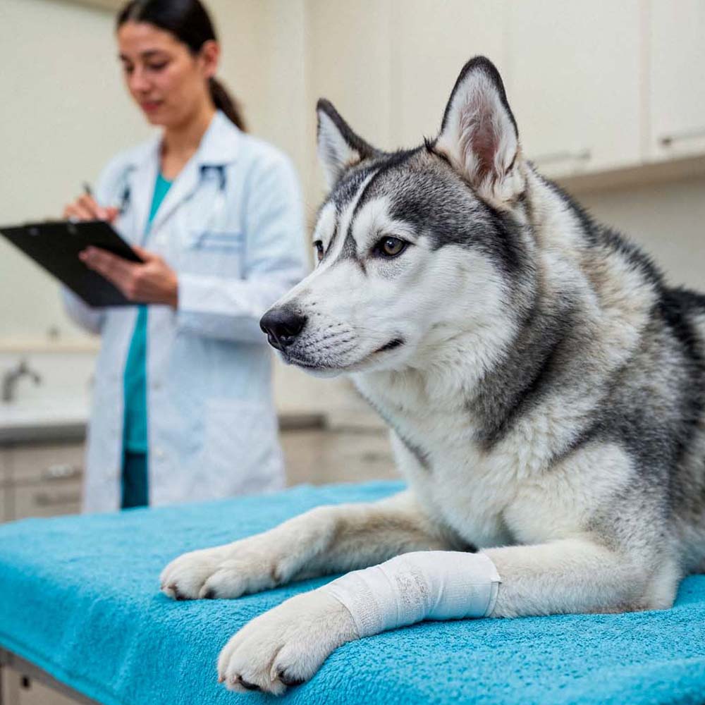 a siberian husky with a bandaged leg rest on a table